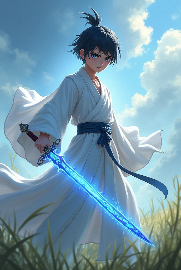 1. Juvenile, full body version, blue eyes, Short hair, Black hair, Very angry expression, white robe, fantasy style clothing, Immortal cultivation robe, The left hand holds a sword,light effect wrapped fairy sword, war posture, grassroots background