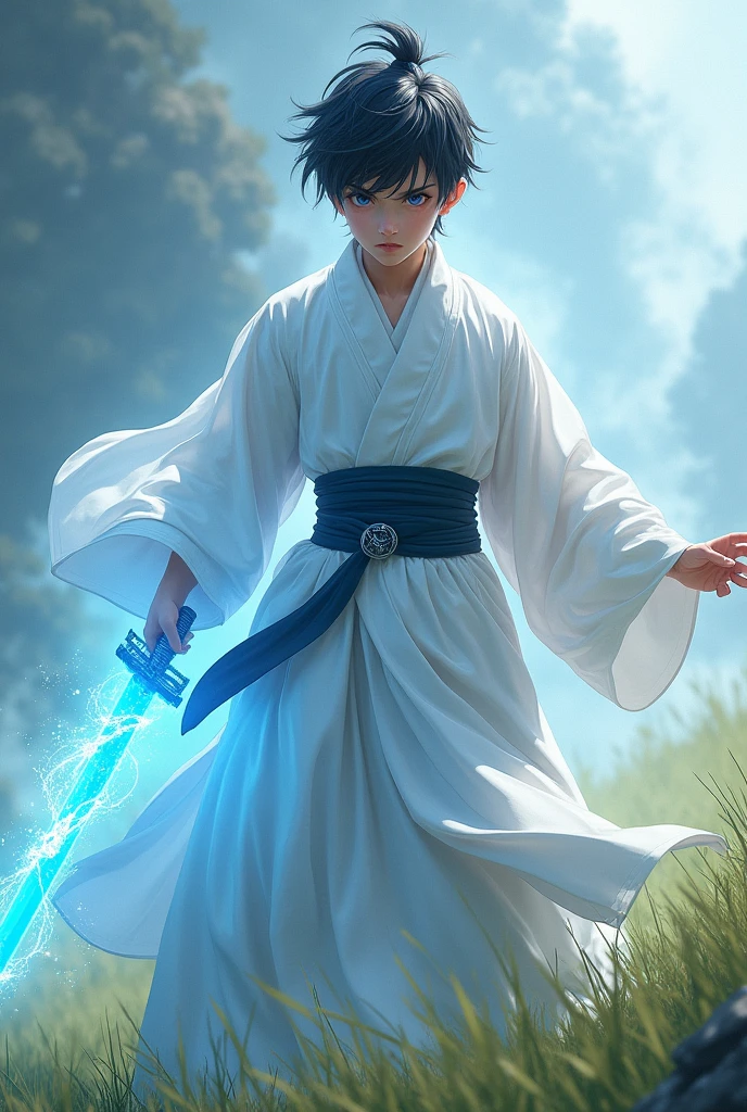 1. Juvenile, full body version, blue eyes, Short hair, Black hair, Very angry expression, white robe, fantasy style clothing, Immortal cultivation robe, The left hand holds a sword，light effect wrapped fairy sword, war posture, grassroots background