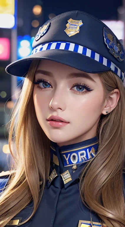 Highest quality、High resolution、Ultra-detailed、masterpiece、RAW Photos:2、Realistic:2、Photorealistic:2、Very delicate and beautiful、In detail、 1 Female、(so beautiful)、(Beautiful Face:1.5)、(Detailed face:1.5)、Gala K Up、(lipstick:1.1)、(Eyeliner:1.2)、mascara、eye shadow、Glamour、blue eyes、(Blonde and brown hair)、Wavy Hair、Asymmetrical bangs、(new york police uniform:1.5)、Night Street、Cowboy Shot