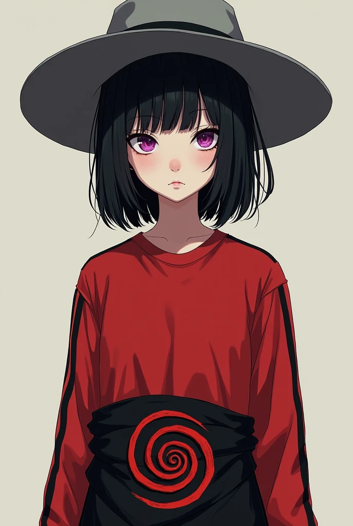 “A girl wearing a grey hat, black hair and a red fringe, purple eyes, a red T-shirt with black lines on it on long sleeves, a black cloth with a red spiral tied under her chest,