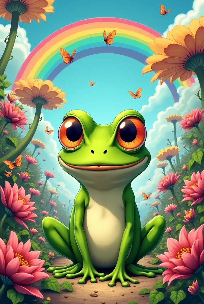 [Core Concept] A whimsical and humorous depiction of the iconic Pepe the Frog meme, capturing its essence of playful melancholy. [Character Description] Pepe is illustrated with his signature green skin, large expressive eyes, and a slight smirk, conveying a range of emotions from joy to satire. [Environment/Background] The background features a vibrant, surreal landscape filled with exaggerated elements like oversized flowers and psychedelic colors, enhancing the absurdity of the scene. [Style and Atmosphere] The artwork adopts a cartoonish style with bold lines and a playful atmosphere, combining elements of pop culture and internet humor. [Composition] Pepe is centered in the frame, surrounded by whimsical creatures that echo his emotions, creating a dynamic interaction between him and the environment. [Details and Embellishments] Tiny details, such as butterflies fluttering around and a rainbow arching overhead, add layers of whimsy and celebration to the overall composition. [Technical Specifications] The image is rendered in high resolution, ensuring bright colors and sharpness, capturing the playful spirit of the meme in vivid clarity.