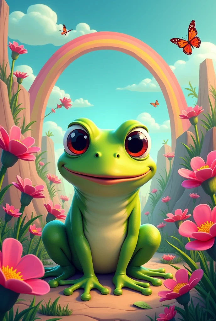 [Core Concept] A whimsical and humorous depiction of the iconic Pepe the Frog meme, capturing its essence of playful melancholy. [Character Description] Pepe is illustrated with his signature green skin, large expressive eyes, and a slight smirk, conveying a range of emotions from joy to satire. [Environment/Background] The background features a vibrant, surreal landscape filled with exaggerated elements like oversized flowers and psychedelic colors, enhancing the absurdity of the scene. [Style and Atmosphere] The artwork adopts a cartoonish style with bold lines and a playful atmosphere, combining elements of pop culture and internet humor. [Composition] Pepe is centered in the frame, surrounded by whimsical creatures that echo his emotions, creating a dynamic interaction between him and the environment. [Details and Embellishments] Tiny details, such as butterflies fluttering around and a rainbow arching overhead, add layers of whimsy and celebration to the overall composition. [Technical Specifications] The image is rendered in high resolution, ensuring bright colors and sharpness, capturing the playful spirit of the meme in vivid clarity.