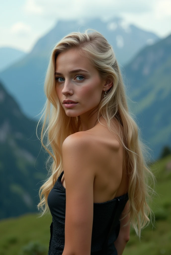 Belle fille européenne aux blue eye et aux cheveux blonds, photo from behind, in the mountains, ultra high resolution, (Photorealistic: 1.4), high resolution , (finely detailed skin), (blue eye), (Des proportions parfaites) (Realistic photos) (head of'artwork) (Photorealistic), Ultrarealistic (best quality) (detailed) Photographié avec un Canon EOS R5, objectif 50 mm, F/2.8, (8k) (Background'screen) (Cinematic lighting) (Dramatic lighting) (complexe) vogue.
