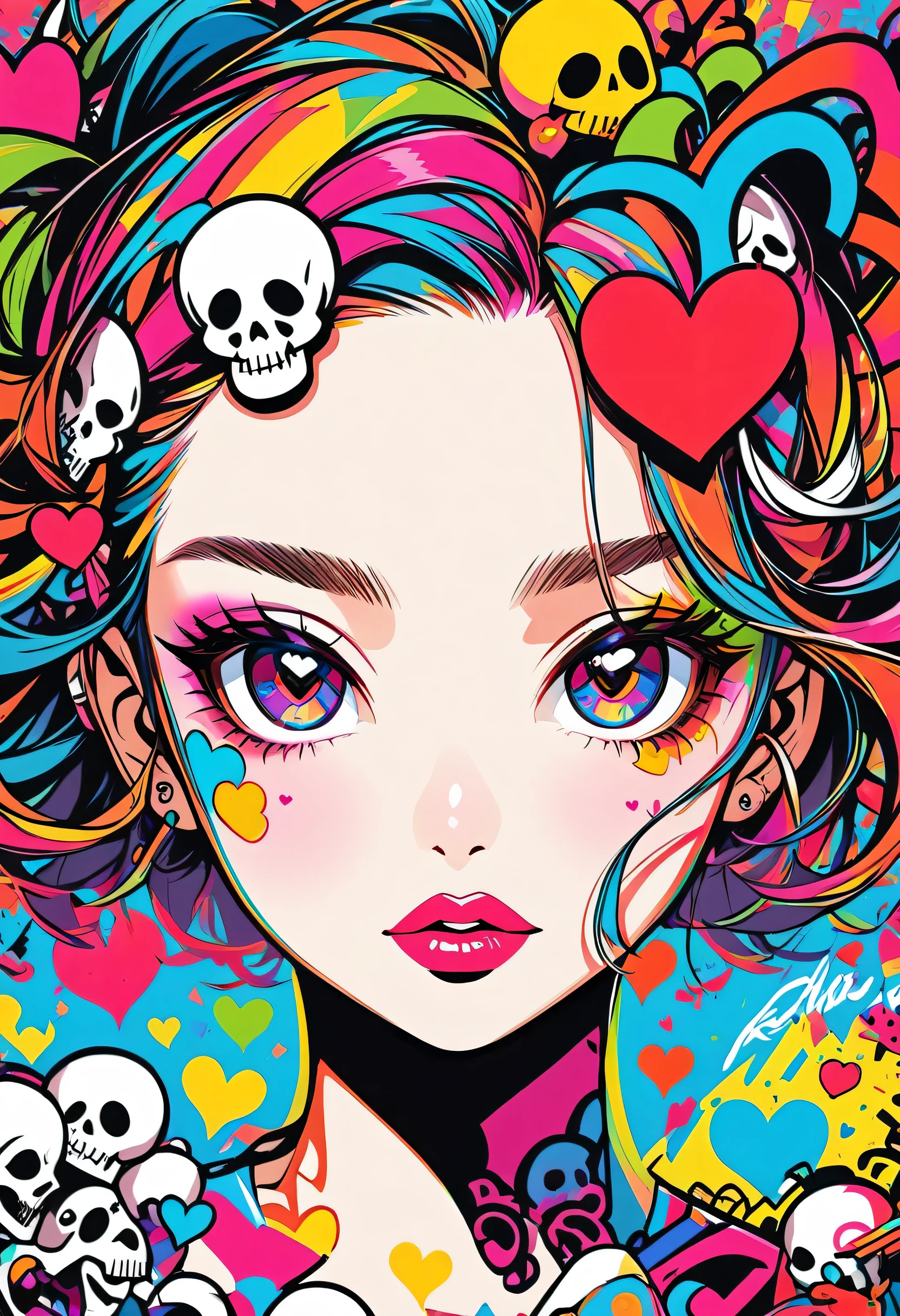 Ultra-realism Keith Haring colorful style, Simple Line Initialism，Abstract art，(((The most beautiful girl of all time))), Sweet face. Lips in love, colorful hearts, stylish design, Summer Skull fashion, Dark Eyes, The background is filled with colorful graffiti.
