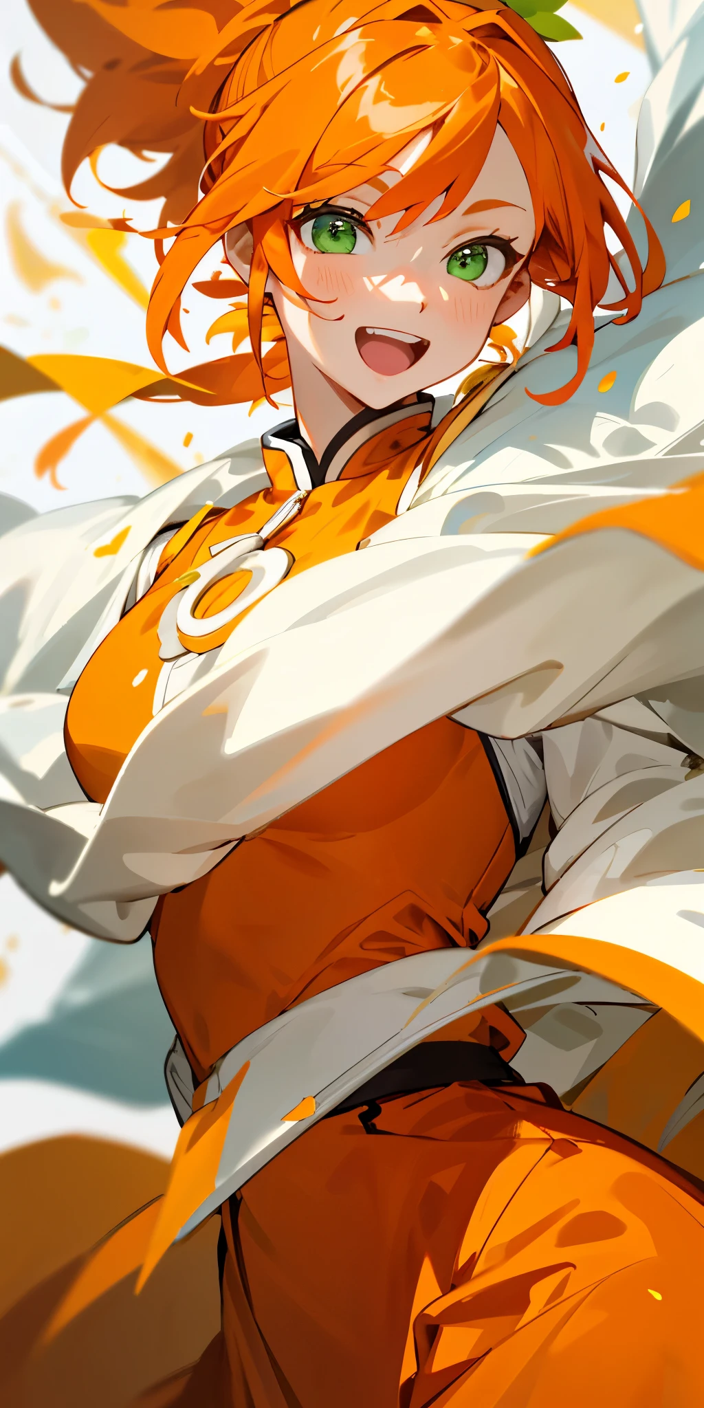 1 person、One person、An orange outfit that reveals the figure clearly、Orange Hair、ponytail、Beautiful green eyes、A face beaming with intense joy、A white coat adorned with golden decorations、Upper body close-up