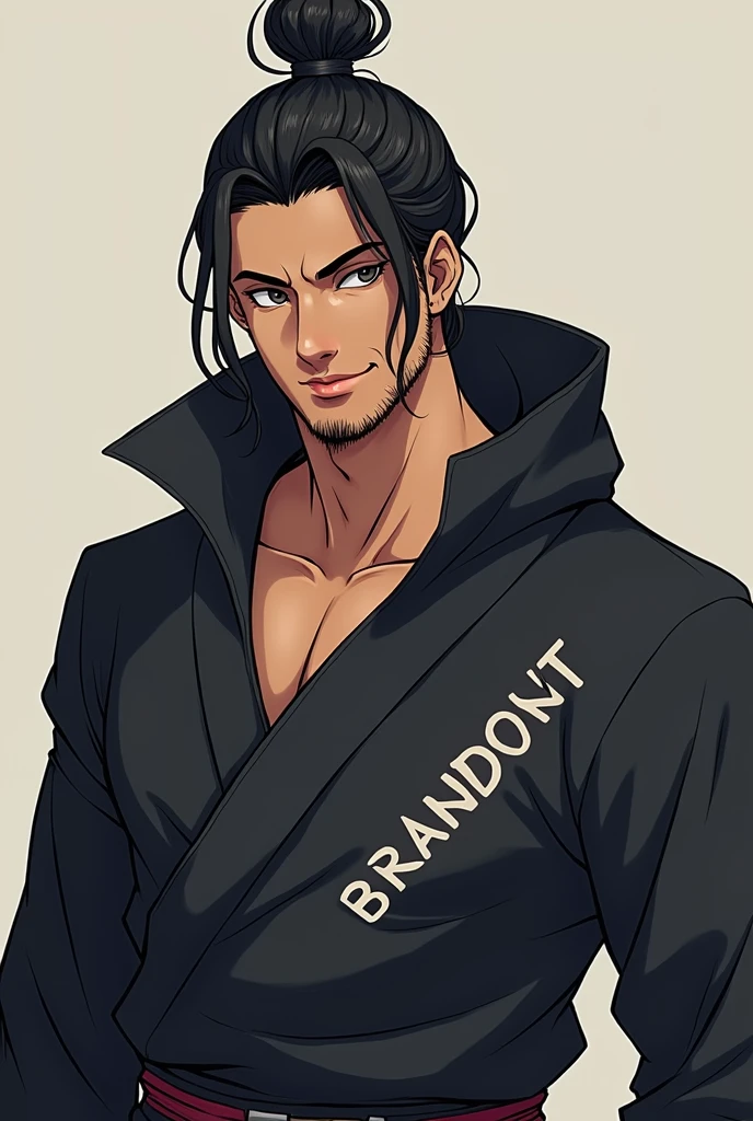 Create the anime image, A 26 year old young man is tanned, He wears his long hair tied in a high bun, has a barba poco poblada, Hunter's eyes, medium to slightly slanted, He wears a ninja robe that says "BRANDONT",  has a.Mysterious gaze and he is with a slight mischievous smile. 