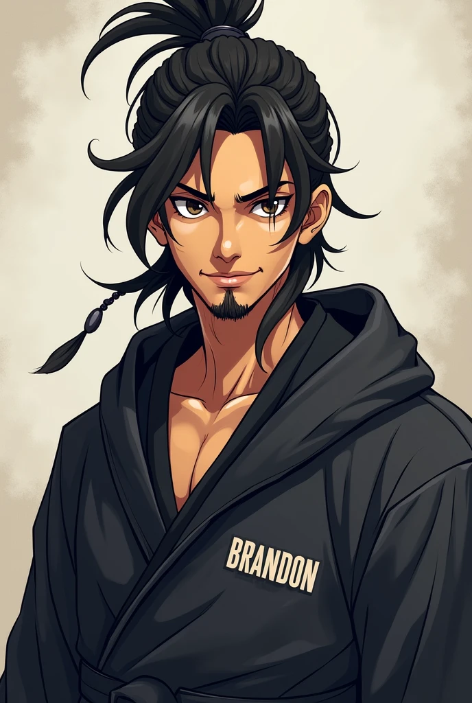 Create the anime image, A 26 year old young man is tanned, He wears his long hair tied in a high bun, has a barba poco poblada, Hunter's eyes, medium to slightly slanted, He wears a ninja robe that says "BRANDONT", has a.Mysterious gaze and he is with a slight mischievous smile.