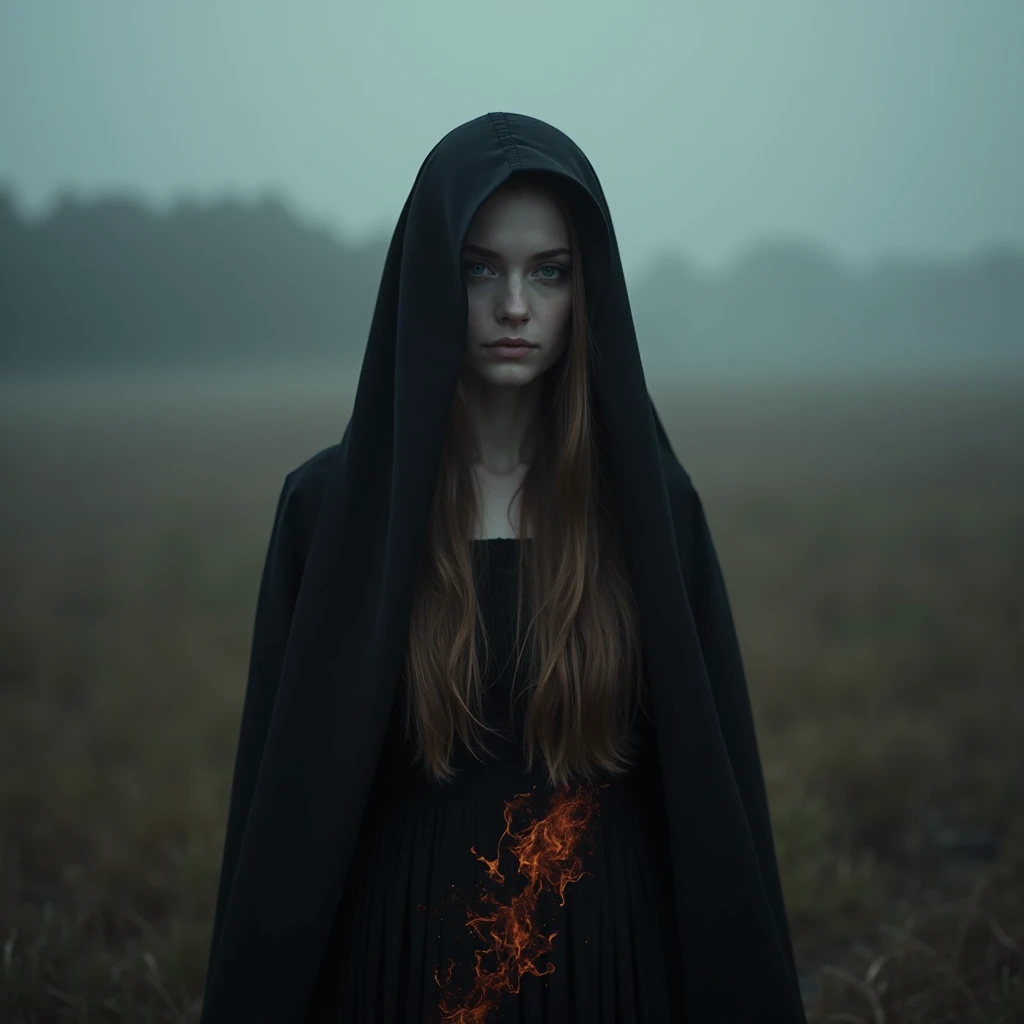 "memories are the water of life" (Misterious mood Soft Lighting Photography), stunning medium format analog photo, TWbabeXL01 beautiful (woman), A beautiful ((evil slavic woman)), pale skin, long light brown hair, over the shoulde wide view, black over black background, highly detailed, detailed realistic photography, masterpiece half-body photo, finely detailed skin, emotional, professional color grading, epiCPhoto, OverallDetailXL analog grain, Fujifilm Astia, low contrast, OverallDetailXL, dark fantasy, photo dress that has the patterns of burning fire, standing in a foggy field, liminal lighting, dslr, detailed quality, face covered by dark veil