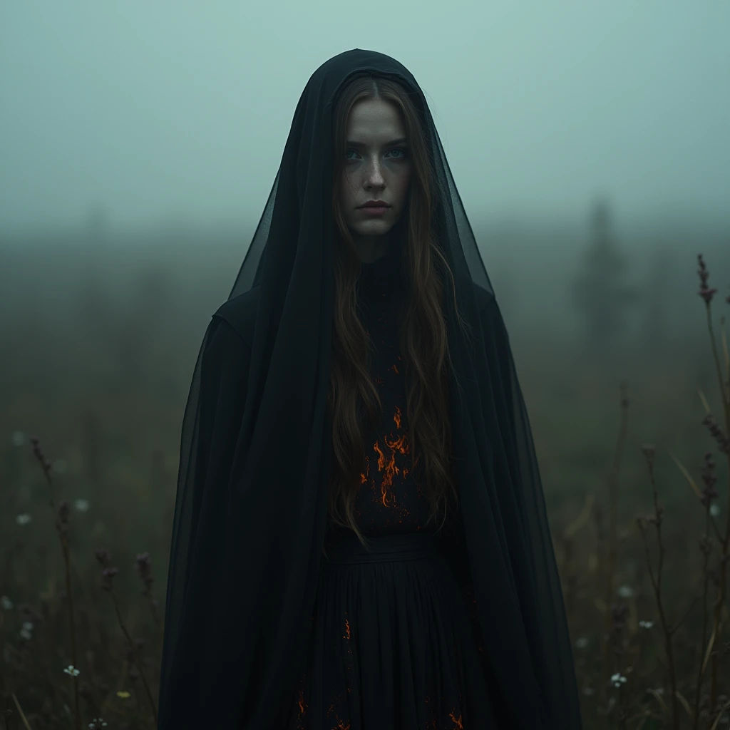 "memories are the water of life" (Misterious mood Soft Lighting Photography), stunning medium format analog photo, TWbabeXL01 beautiful (woman), A beautiful ((evil slavic woman)), pale skin, long light brown hair, over the shoulde wide view, black over black background, highly detailed, detailed realistic photography, masterpiece half-body photo, finely detailed skin, emotional, professional color grading, epiCPhoto, OverallDetailXL analog grain, Fujifilm Astia, low contrast, OverallDetailXL, dark fantasy, photo dress that has the patterns of burning fire, standing in a foggy field, liminal lighting, dslr, detailed quality, face covered by dark veil