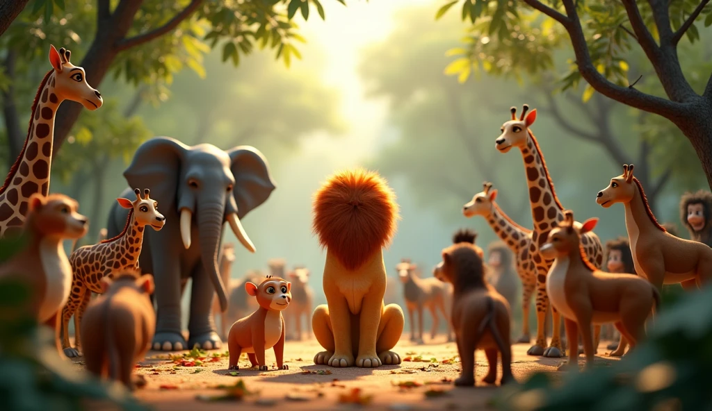 In 3d animation style " All the animals of the jungle gathered around in a circle, listening attentively to the lion's announcement.