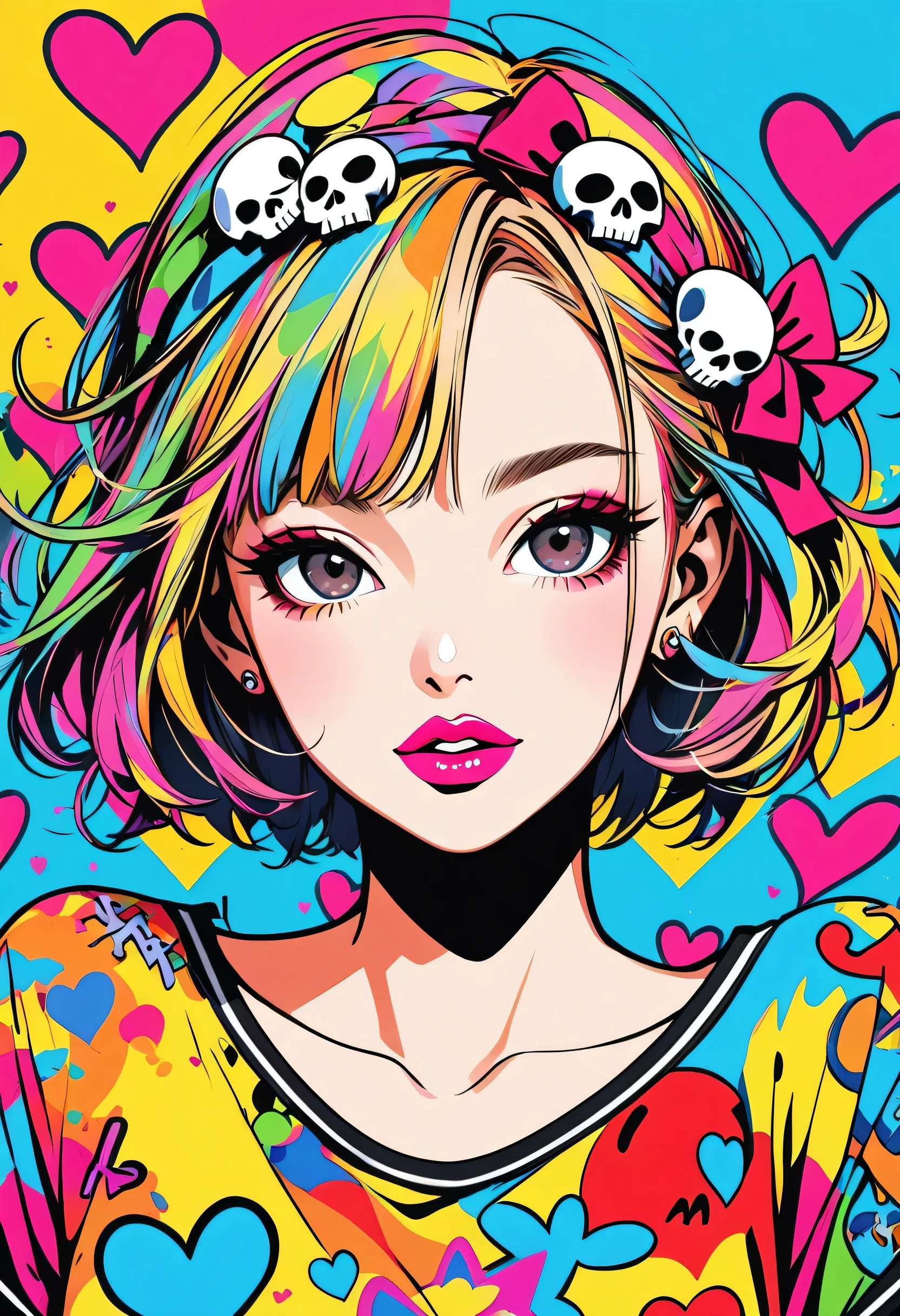 Ultra-realism Keith Haring colorful style, Simple Line Initialism，Abstract art，(((The most beautiful girl of all time))), Sweet face. Lips in love, colorful hearts, stylish design, Summer Skull fashion, Dark Eyes, The background is filled with colorful graffiti.
