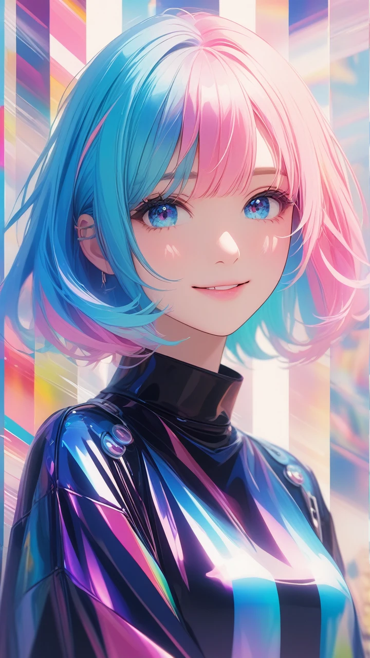 masterpiece, best quality, super wide angle, finger audience, 1girl, pink and blue hair, hand, cute anime face, tears, transparent color PVC clothing, transparent color vinyl clothing, whole body, glitchlump}onface, smile,medium hair, film grain, lens flare, colorful,chromati caberration, dynamicpov, closed mouth, Intense emotional expression:death, glitchart, ultra detailed, extremely delicate and beautiful, album cover, album, album description, Pixilation on face, Double exposure, Chromatic Aberration, Light leaks, Noise and grain, Color degradation, Glitch lettering, art, abstractart, geometry, clear lines, squares, bright, limited palette,{canonical composition}, neat diagonal striped background, {{blue with white striped background}},{limited palette}, flatvcolored,blue and white,