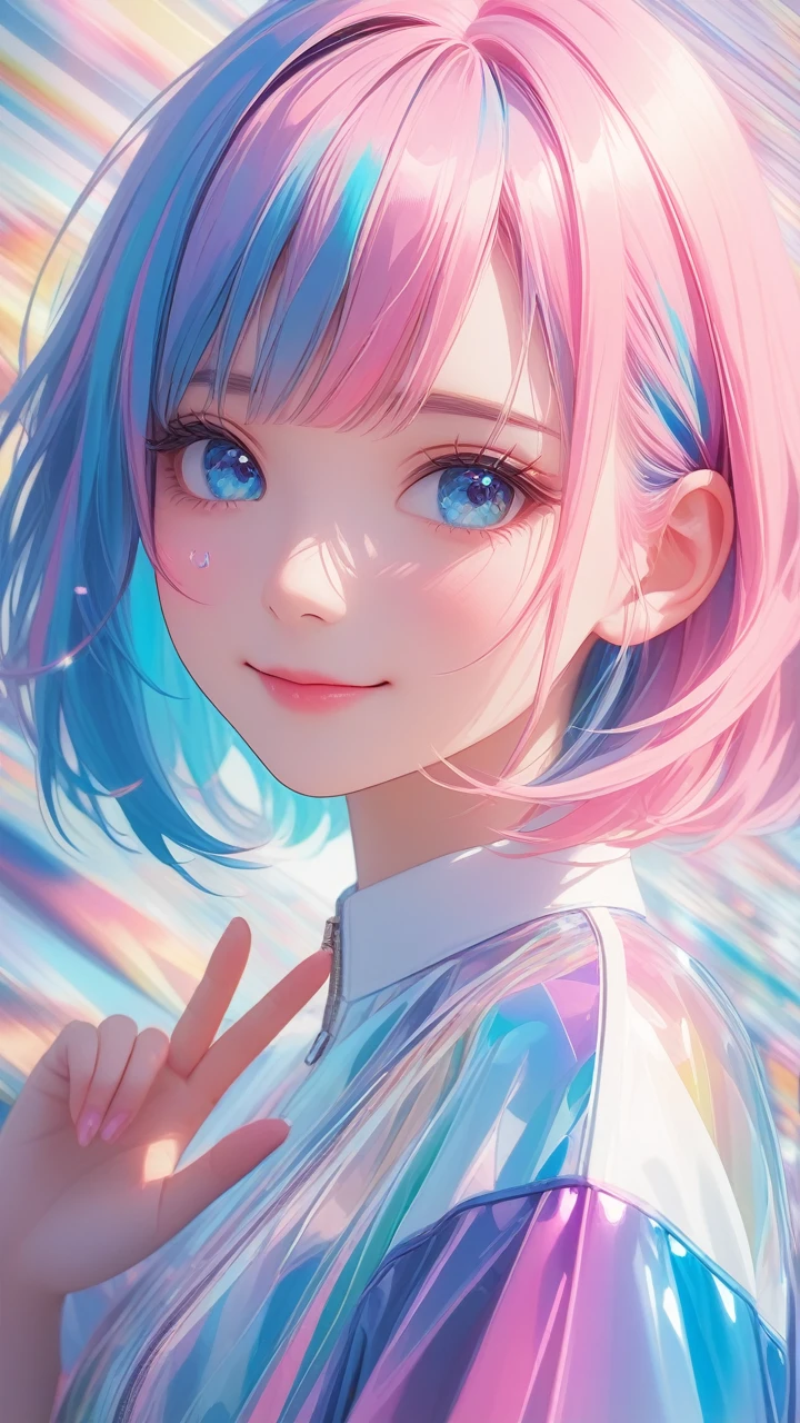 masterpiece, best quality, super wide angle, finger audience, 1girl, pink and blue hair, hand, cute anime face, tears, transparent color PVC clothing, transparent color vinyl clothing, whole body, glitchlump}onface, smile,medium hair, film grain, lens flare, colorful,chromati caberration, dynamicpov, closed mouth, Intense emotional expression:death, glitchart, ultra detailed, extremely delicate and beautiful, album cover, album, album description, Pixilation on face, Double exposure, Chromatic Aberration, Light leaks, Noise and grain, Color degradation, Glitch lettering, art, abstractart, geometry, clear lines, squares, bright, limited palette,{canonical composition}, neat diagonal striped background, {{blue with white striped background}},{limited palette}, flatvcolored,blue and white,