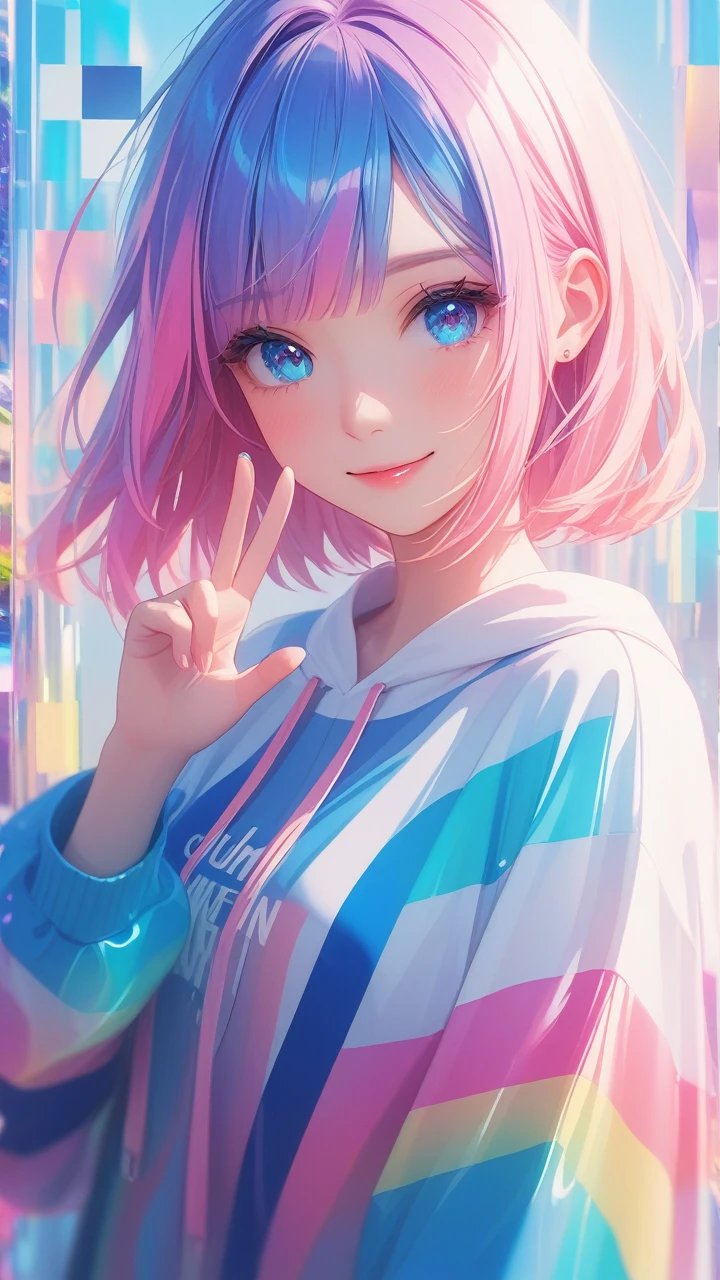 masterpiece, best quality, super wide angle, finger audience, 1girl, pink and blue hair, hand, cute anime face, tears, transparent color PVC clothing, transparent color vinyl clothing, whole body, glitchlump}onface, smile,medium hair, film grain, lens flare, colorful,chromati caberration, dynamicpov, closed mouth, Intense emotional expression:death, glitchart, ultra detailed, extremely delicate and beautiful, album cover, album, album description, Pixilation on face, Double exposure, Chromatic Aberration, Light leaks, Noise and grain, Color degradation, Glitch lettering, art, abstractart, geometry, clear lines, squares, bright, limited palette,{canonical composition}, neat diagonal striped background, {{blue with white striped background}},{limited palette}, flatvcolored,blue and white,