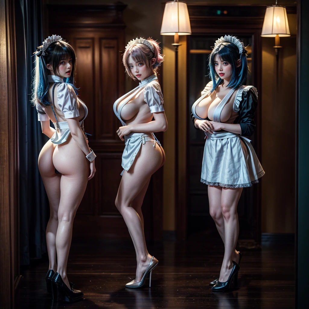 (Full Body of Extremely Detailed((Sexy Maid Group in a row:1.37))), KAWAII perfect face, Reflective Eyes, Detailed(Delicate Clothing textures), Correct Leg Line, Dynamic Joyful Expressions LifeLike Rendering, Specular Reflection, TopQuality 8K Ultra-detailed masterpiece (ProfessionalPhoto:1.37), (Acutance:0.8), (Luminism:1.28), Renaissance art style, Colorful Light particles, ((Full body from side)), {MicroMini Skirt|Kissing|Breast Lifting|Undressing|Thigh Gap|AssFocus|(NakedApron with Overflowing SideBoob)}, Radiant Fine Skin with Transparency, (Exposed:0.4), (Different types of Anime hair color){Pink Hair|Blue Hair|Platinum Blonde|Pure White Hair|Liquid Hair}, Perfect Lighting 