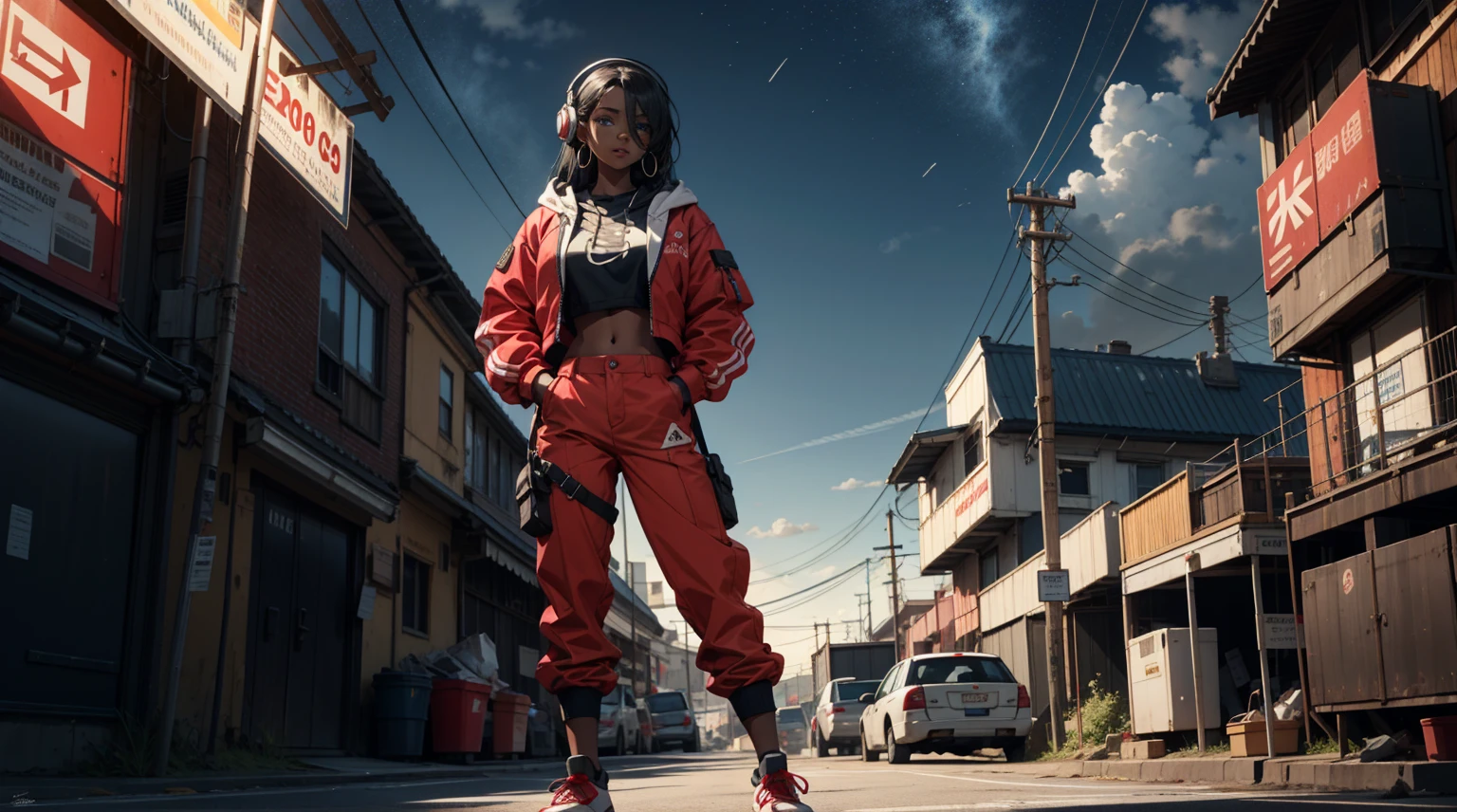 (best quality), ((masterpiece)), (highres), illustration, original, extremely detailed, 1girl, headphones, solo, hands in pockets, sky background, midriff, pants, blue eyes, hair over one eye, simple background, shoes, black hair, long hair, hood, full body, red jacket, looking at viewer, hoodie, sneakers, hoop earrings, crop top, red pants, standing, jacket, baggy pants, dark-skinned female, breasts, closed mouth，night Sky, night, rooftop ,