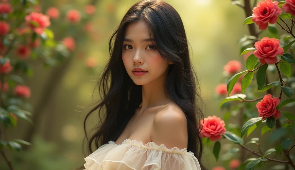 1 Asian girl, 20 years old, standing alone, long hair, smiling, looking at the audience, long black hair, off shoulder, black eyes, full body, off shoulder, white tulle, lifelike, sexy, sunshine, forest, red camellia flowers around,