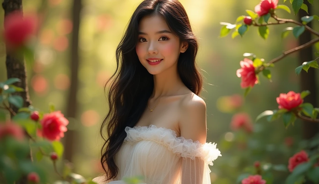 1 Asian girl, 20 years old, standing alone, long hair, smiling, looking at the audience, long black hair, off shoulder, black eyes, full body, off shoulder, white tulle, lifelike, sexy, sunshine, forest, red camellia flowers around,