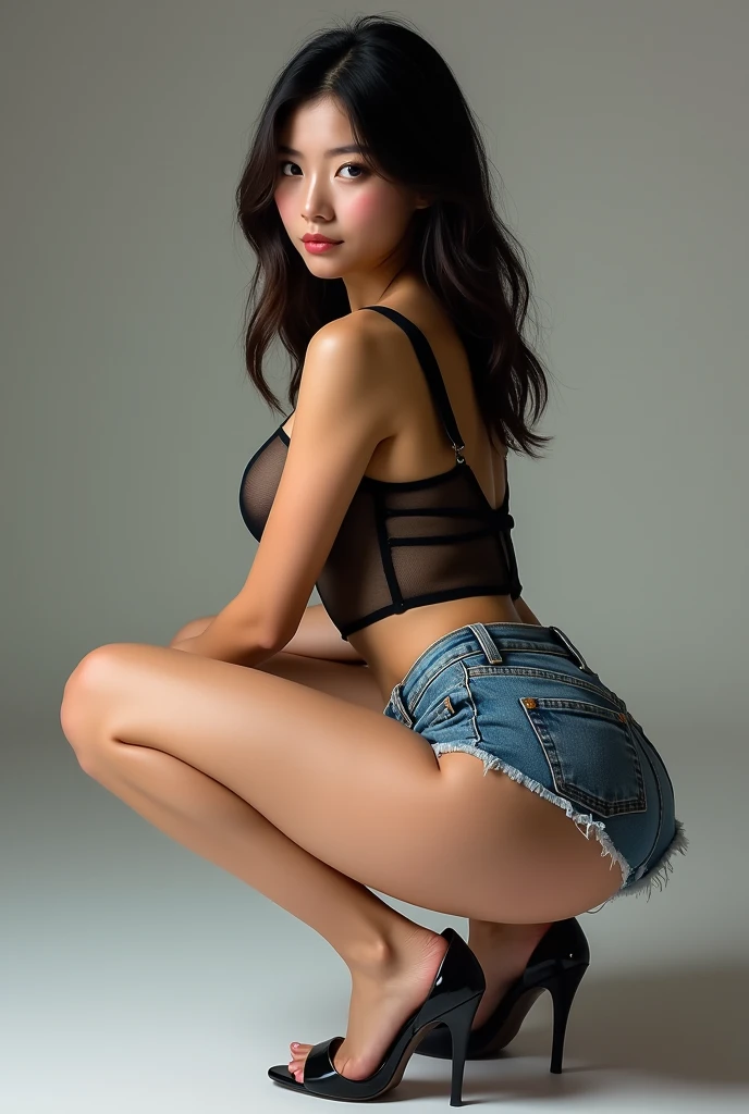 Asian most beautiful girl
Denim extremely mini shorts
high heels
No clothes upper
Boobs fully exposed
Thick thighs
Transparent shirt
Nipple visible fully
Back side and facing camera
Showing big ass
Squatting