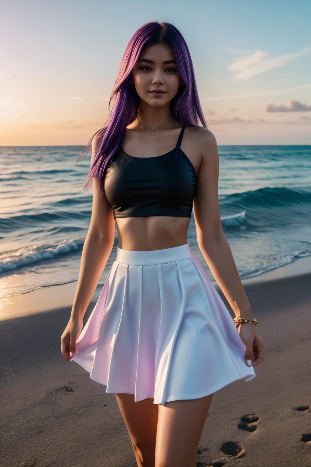 A beautiful girl, apple shaped body, violet hair, white crop top, black skirt, walk in the sea side in sunrise.