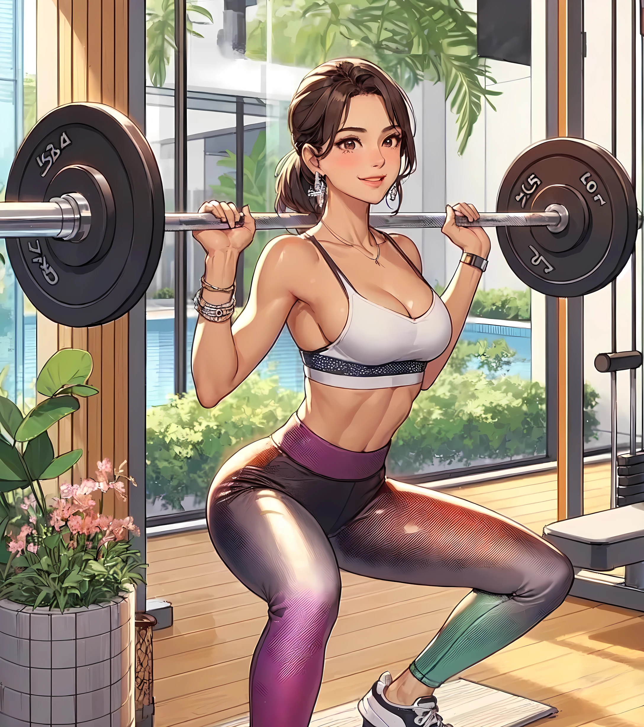 1lady solo, (performing squats:1.2) (squatting with barbell on shoulders), (stylish gym outfit) (cropped top) (yoga pants), mature female, /(dark brown hair/) bangs, blush kind smile, (masterpiece best quality:1.2) delicate illustration ultra-detailed,  BREAK (fitness gym) indoors, various fitness equipment, energetic, detailed background