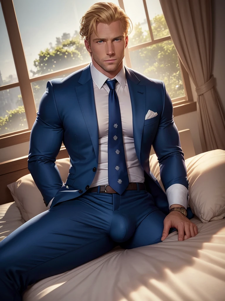 4K full body image, Realistic action long shot of a very handsome, blond, athletic, 30 year old wealthy bodybuilder businessman, clean-shaven, relaxing, arms stretched, wearing expensive tight, two-piece suits, tie with big fat knot, lying in bed relaxing, suit jacket unbuttoned and pulled aside for comfort. legs are muscular and long, big bulge in pants. Soft afternoon light filters through large windows. gorgeous face are very sharply defined and detailed, in high definition. beautiful blue eyes