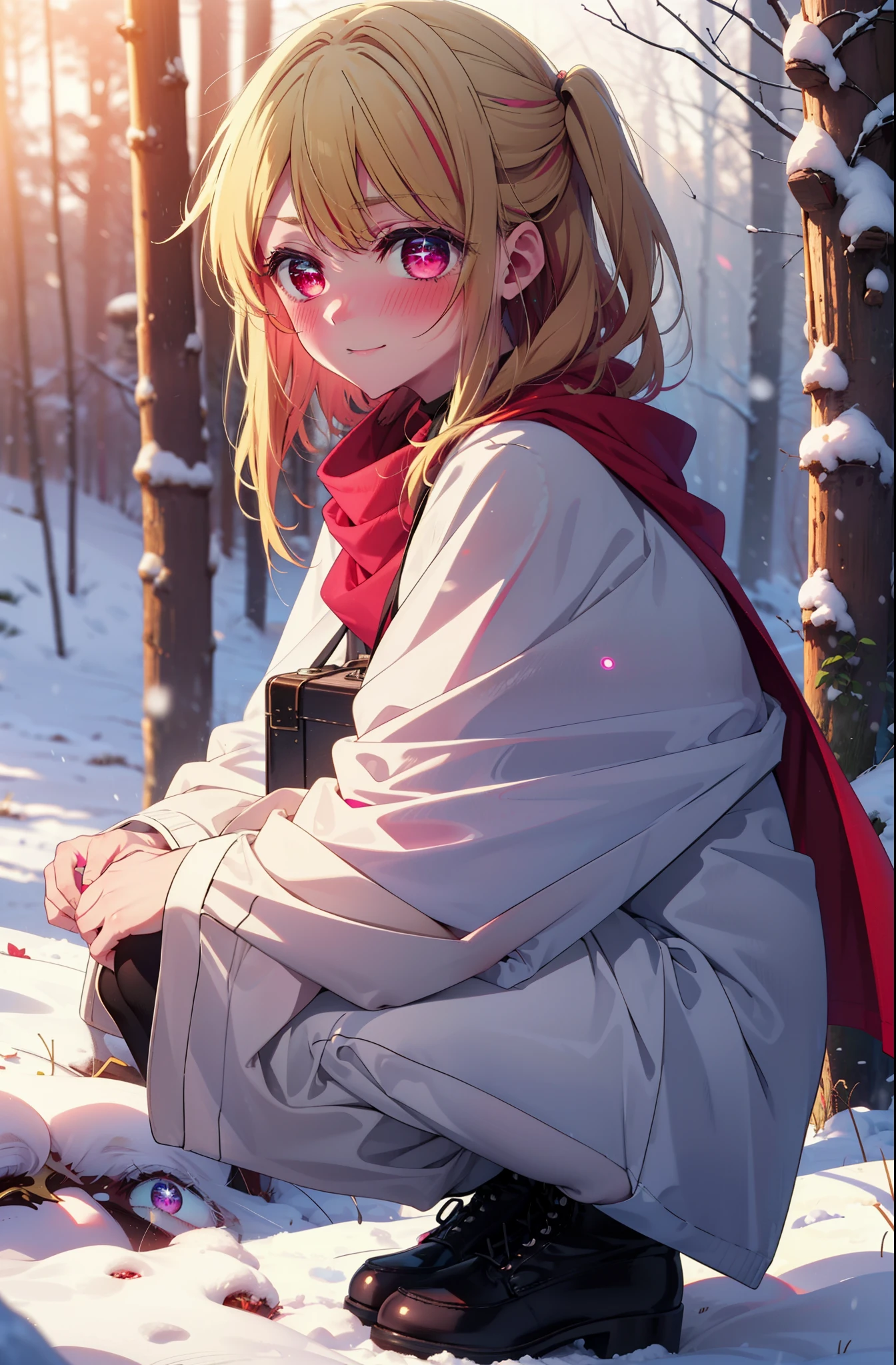 rubyhoshino, Hoshino Ruby, Long Hair, bangs, Blonde, (Pink Eyes:1.3), Side Lock, (Symbol-shaped pupil:1.5), Multicolored Hair, Two-tone hair, smile,,smile,blush,white breath,
Open your mouth,snow,Ground bonfire, Outdoor, boots, snowing, From the side, wood, suitcase, Cape, Blurred, , forest, White handbag, nature, Squat, Mouth closed, Cape, winter, Written boundary depth, Black shoes, red Cape break looking at viewer, Upper Body, whole body, break Outdoor, forest, nature, break (masterpiece:1.2), Highest quality, High resolution, unity 8k wallpaper, (shape:0.8), (Beautiful and beautiful eyes:1.6), Highly detailed face, Perfect lighting, Highly detailed CG, (Perfect hands, Perfect Anatomy),