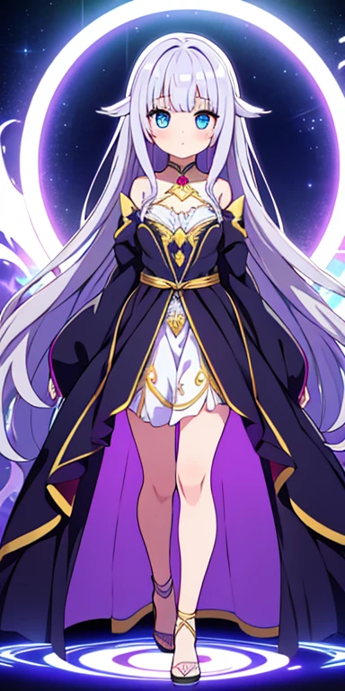 Full body, beautiful eyes , 1 girl  , full body , cute girl , anime style , cute eyes  , (standing up) , ( Seraphine has an ethereal beauty, with silver hair that cascades down her back and eyes that glow with an unsettling light. She wears a robe of shimmering, iridescent fabric that reflects the colors of the Eclipsal Realm, giving her an almost otherworldly appearance.) , ballgown