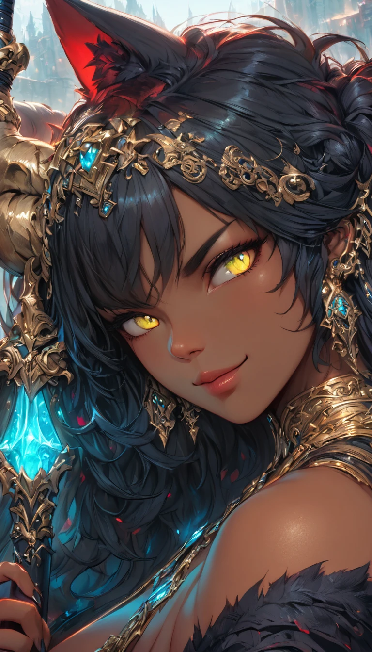 best quality,4k,8k, highres, masterpiece:1.2), ultra-detailed, extremely detailed eyes, extremely detailed body, (large masterpiece digital art), (detailed manga illustration), (detailed line art), ((perfect anatomy)), (intricate details:1.3), (ultra-detailed:1.3), (illustration:1.3), (sharp focus:1.3), (natural lighting:1.05), (vivid colors:1.3), (masterpiece), (best quality:1.4), (perfect anatomy:1.4), high quality, expressive eyes, full body, detailed face, beautiful face, perfect face, 1girl, ((dark skin)), animal ears, black sclera, smile, colored sclera, breasts, solo, monster girl, black hair, (wolf ears), large breasts, curvy, wide hips, long hair, ((gold eyes)), claws, grin, fur, looking at viewer, collar, ((dynamic action pose)), tail, (wolf tail), {(dragon horns)}, demon horns, wings, sadistic smile, hair over eye, {regal outfit}, tiny crown, blue fire, curvy, sexy dress, dark skin, cinematic lighting, dramatic atmosphere, Beautiful woman, dragon spear in hand, Jeff Bridges, ((cartoon style)), Marvel Cinematic Universe style, (((hell castle in the background))), soft bokeh of hellscape, Atey Ghailan, Jeremy Mann, Greg Manchess, Antonio Moro, trend in ArtStation, trend in CGSociety, Intricate, High Detail, Sharp focus, dramatic and photorealistic painting art by Midjourney and Greg Rutkowski,