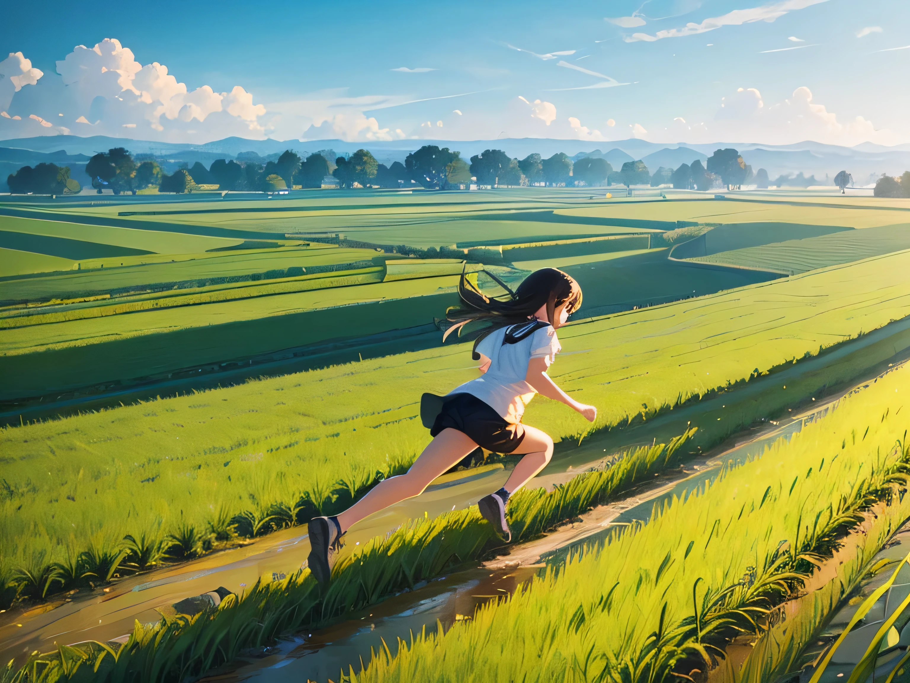The area is surrounded by cornfields.　A girl is running through the paddy field.　Fictional characters