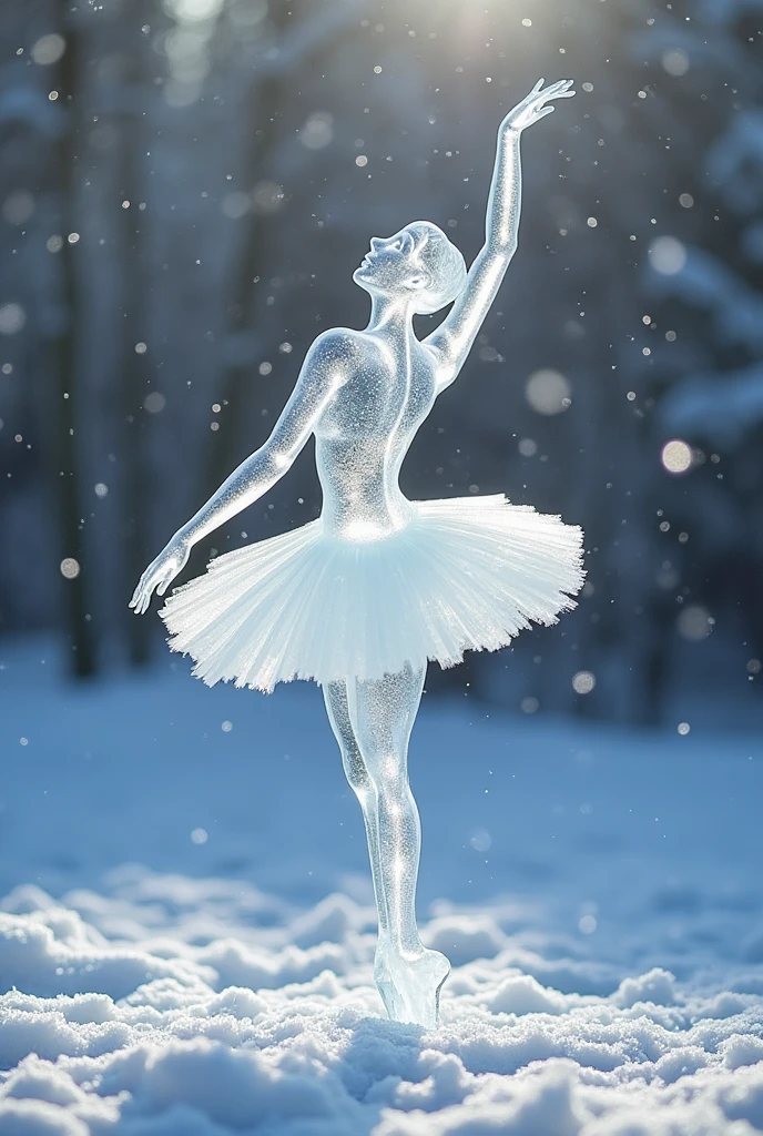 In an ultra-realistic and breathtakingly detailed scene, a mesmerizing sculpture of a ballerina, gracefully captured mid-dance, stands tall in a snow-blanketed garden. Crafted meticulously from translucent ice, the figure gleams and refracts the abundant natural light pouring down from a gentle snowfall, enhancing her delicate curves and intricate features. The serene winter garden, blanketed in fresh snowflakes, creates a tranquil backdrop, with softly diffused lighting that beautifully highlights both the ethereal ballerina and the surrounding frost-kissed landscape, all framed in a stunning vertical composition captured by the Canon EOS 5D Mark IV with a 24-70mm f/2.8L II USM lens, ensuring an exceptional clarity that brings the enchanting scene to life.