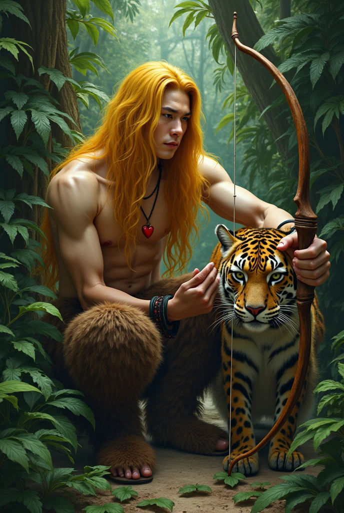 Very handsome guy  Korean. He has yellow hair that reaches down to the ground and bangs that go to the side.. He is shirtless, in furry brown pants and shoes in the form of cloven hooves. He has a red heart pendant.. He squats in a thick dark thicket of fern leaves and shoots an arrow from his bow.. A kind jaguar next to him.