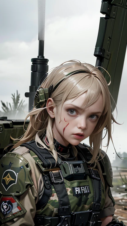Postapocalyptic combat scene with a Beautiful hyperrealistic photograph of cute Young Swedish woman with Runic tattoos, ((dirty face Blood splattered)), (((wearing full heavy mecha armor, combat harness, Neon highlights))) Short Red Dreadlocks, combat pose, (((Holding on to the side of a combat Sci-Fi Combat helicopter))), exterior of Destroyed building, Fires, Smoke, debris, Camo netting, Ammo Boxes, Rain, Stormy, Wet, abstract beauty, near perfection, pure form, intricate detail, 8k post-production, High resolution, super Detail, trending on ArtStation, sharp focus, studio photos, intricate detail, Very detailed, By Greg Rutkowski