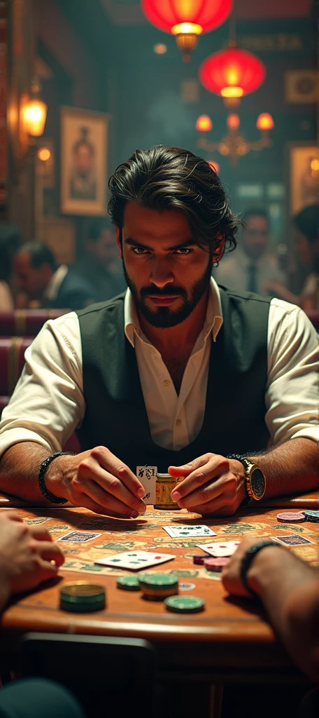 Retro bar,(best quality, high resolution, HDR, Practical), Bright colors, Extremely detailed description, (Concept Artist), a handsome Indian guy,Fierce competition,Dramatic visuals,an antique Indian wooden table,Indian players wearing stylish vintage clothing, The impact of the background,Paper money coins chips,vintage poker coins, Smoky room, Dim Lights, Happy expression, Focused competition,(portrait:1.1) ,