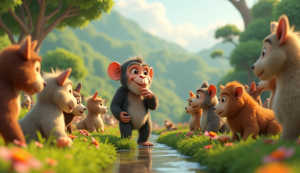 In 3d animation style " A wise monkey suggesting the idea of communal farming to the gathered animals"