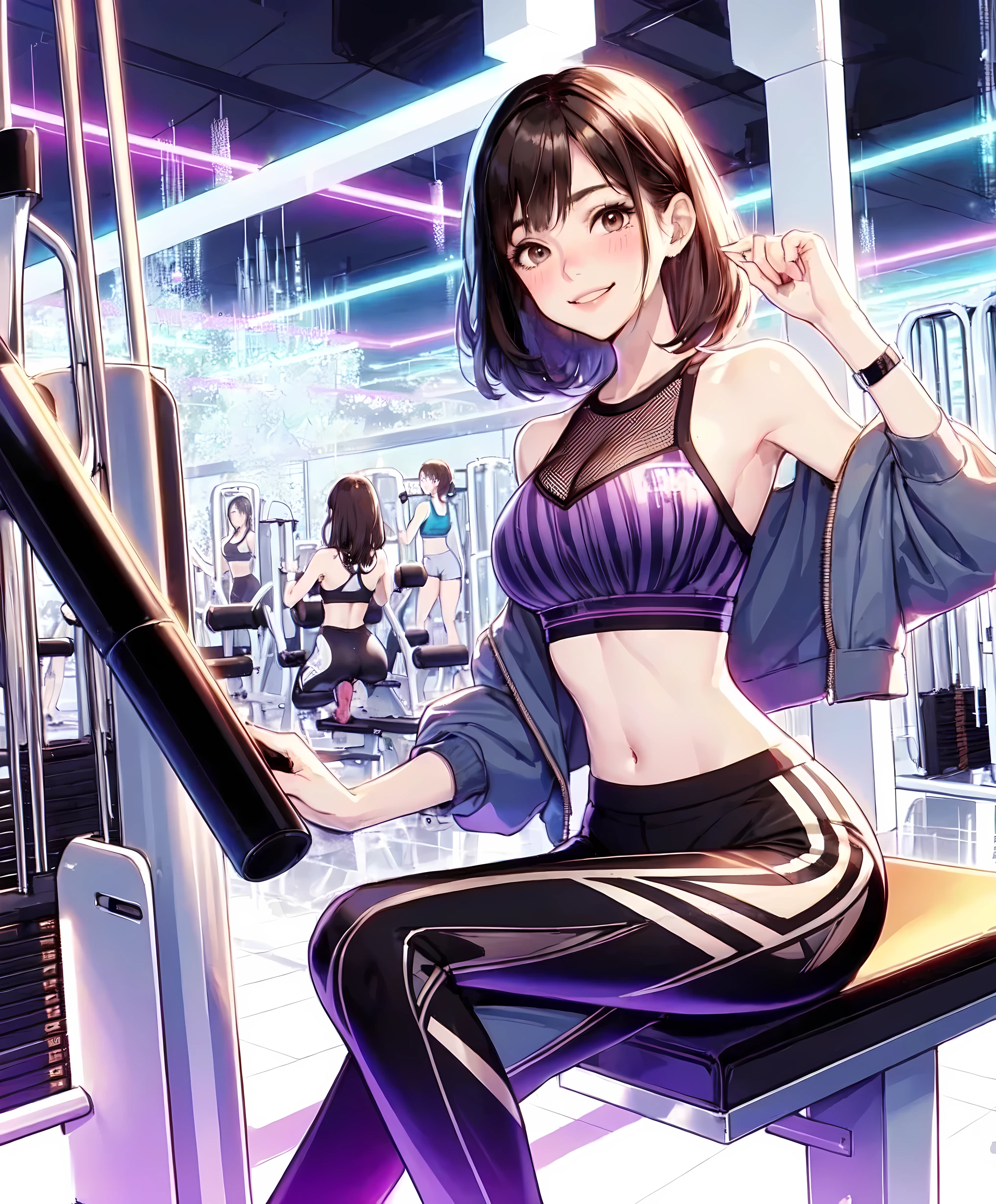 1lady solo, (sitting) (workout with equipment), (stylish gym outfit) (cropped top) (yoga pants), mature female, /(dark brown hair/) bangs, blush kind smile, (masterpiece best quality:1.2) delicate illustration ultra-detailed, large breasts BREAK (fitness gym) indoors, various fitness equipment, energetic, detailed background