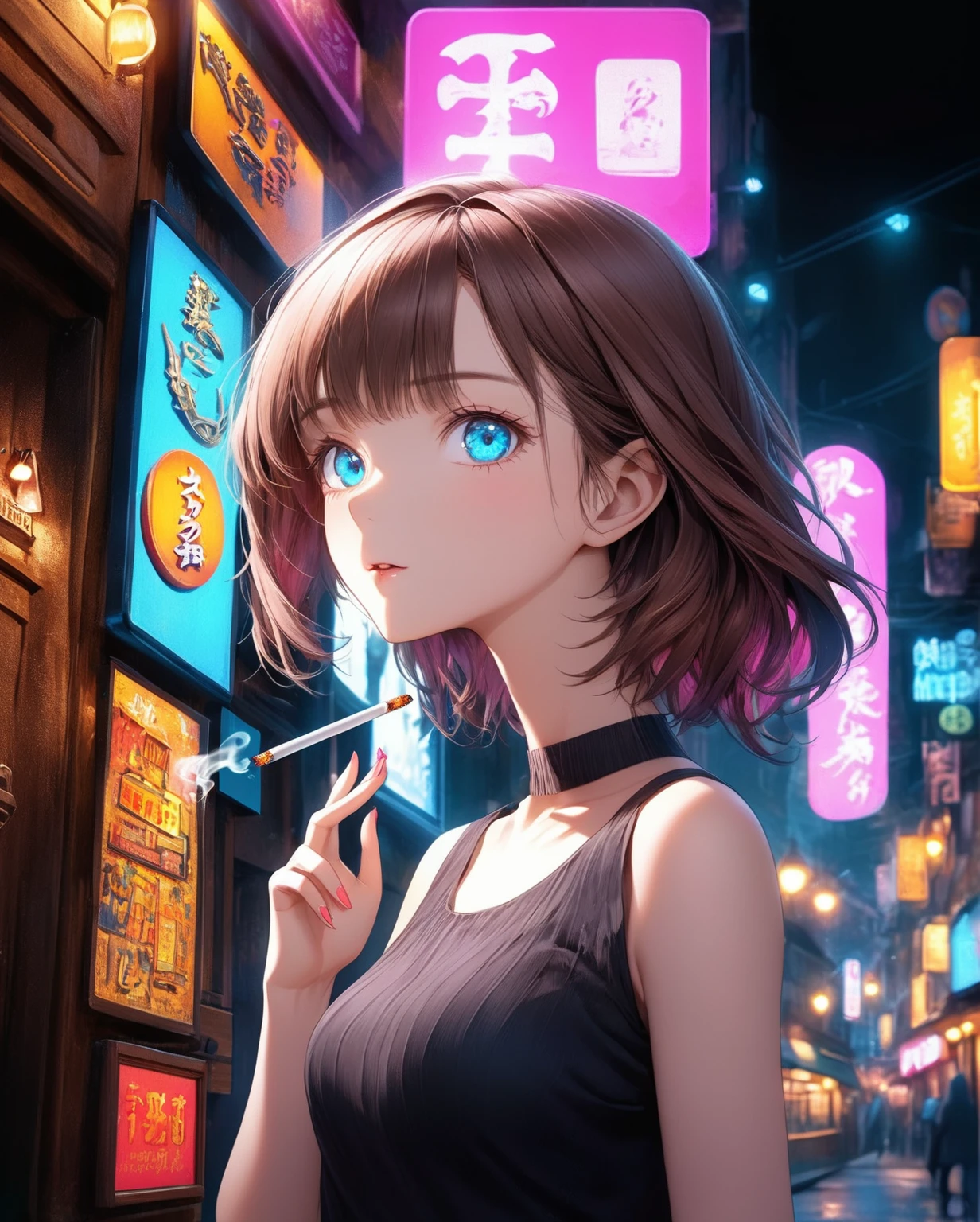 ((Highest quality,8k,32K,masterpiece,Ultra-high resolution :1.2 ),born,one person,Super cute,Natural light,Clear, shining eyes,20-year-old,Fair skin,Fantastic night city electronic world fantasy background,Brown Hair,Mature woman,Smoking a cigarette,liquor,pub,Shortcuts, Neon signboard, Fluorescent pink and fluorescent blue background,Fine to the smallest detail,The level of detail in the background is top-notch.,Fantastic Background,unrealistic,Background beauty,Artistic