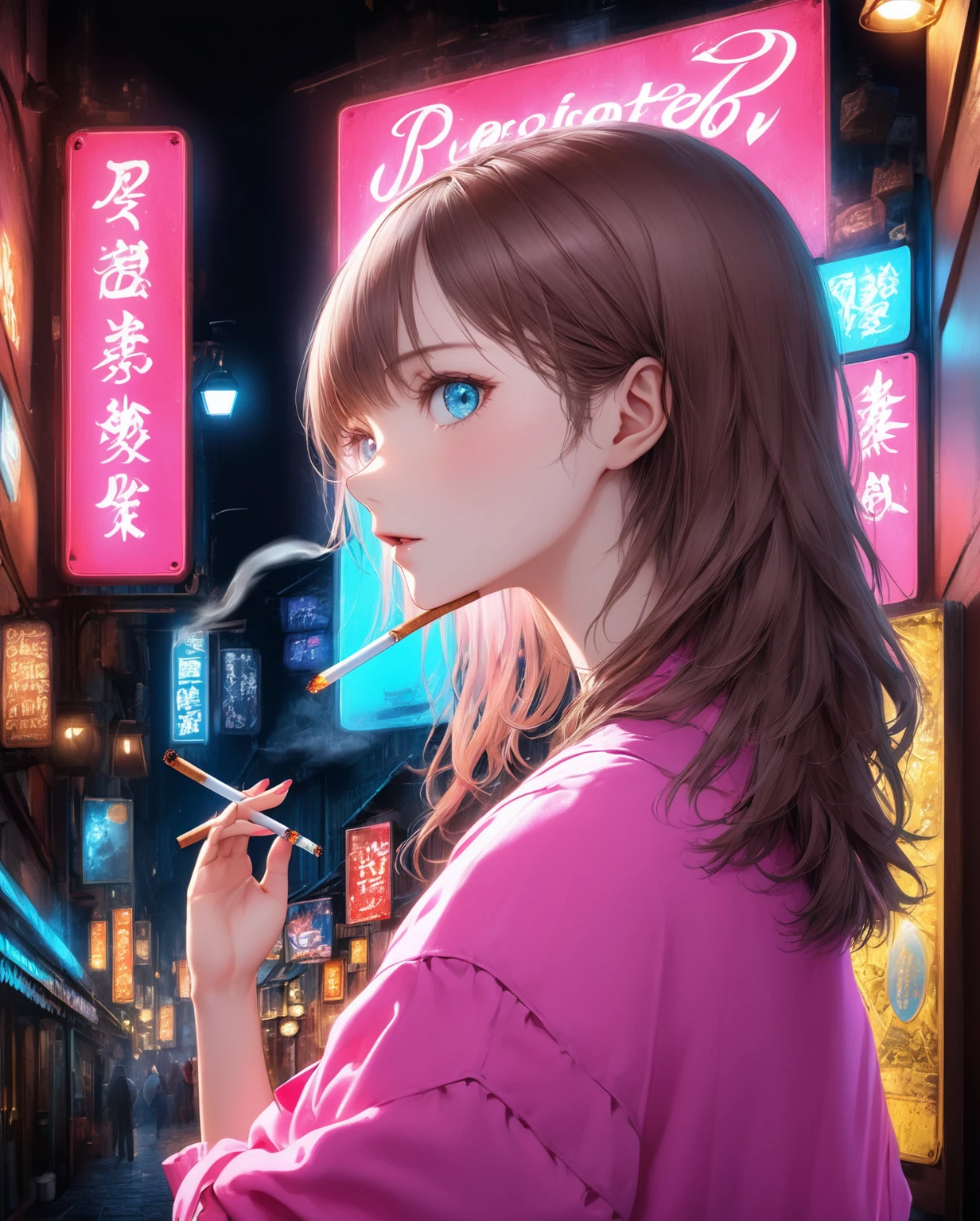 ((Highest quality,8k,32K,masterpiece,Ultra-high resolution :1.2 ),born,one person,Super cute,Natural light,Clear, shining eyes,20-year-old,Fair skin,Fantastic night city electronic world fantasy background,Brown Hair,Mature woman,Smoking a cigarette,liquor,pub,Shortcuts, Neon signboard, Fluorescent pink and fluorescent blue background,Fine to the smallest detail,The level of detail in the background is top-notch.,Fantastic Background,unrealistic,Background beauty,Artistic