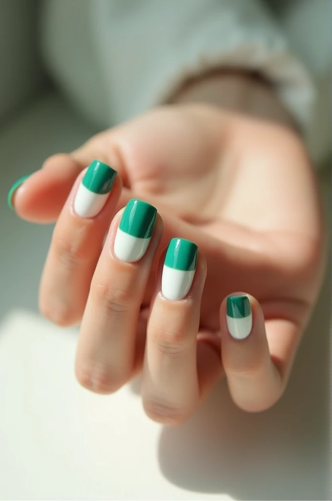 Green and white gel nails. 1,5 cm.