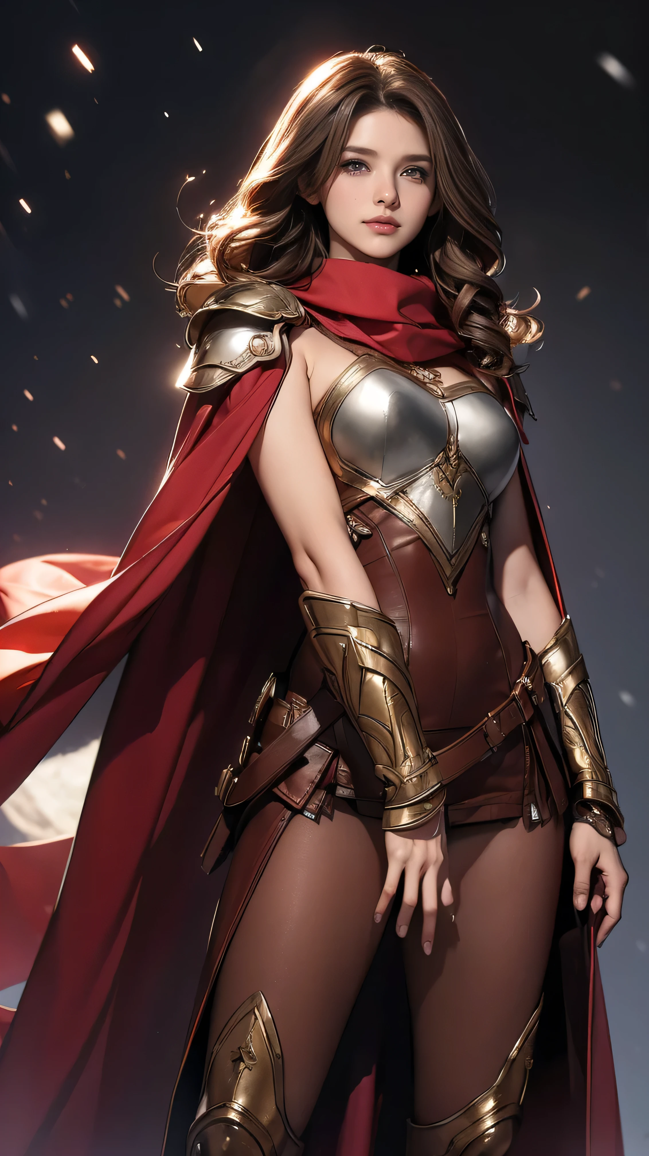 ((Highest quality,4K,High resolution,masterpiece:1.2)),((Character Concept Art)), 1 female, 20-year-old women, ((Shoulder-length brown hair、Hair curled loosely inwards)), (Skin as white as snow), Very detailed eyes (Brown Eye Color), have confidence, beautiful, slim body build, Big Breasts、((Intricate details)), Very finely crafted needles, Very finely crafted fingers(((10 fingers))),(Full-body showcase), (Show whole body),A shy smile、portrait of a woman warrior, rpg portrait concept art, (beautiful warrior, holding short sword and small shield, Wearing a red scarf, leather armor), movie poster, large "INFINITY" written at bottom of screen,