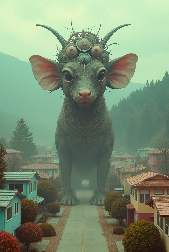 creature with head made of gear, mountain and houses on the background, 1960s neighborhood, pastel colors, surreal atmosphere, dreamcore, raw photo, film grain, aerial shot, shot using 1960s camera