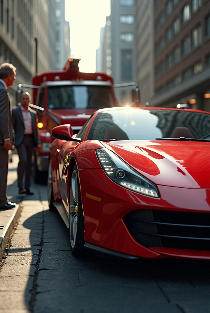 A tow truck tows a parked Ferrari、The owner and his wife are in a panic