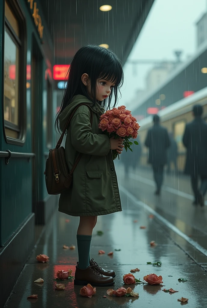 at a busy station，a girl is standing,cold rain，Standing alone in the rain，The tightly held roses are scattered on the ground。His eyes were a little confused，The expression is sad，Gloomy eyes， Heqiang，Wilted roses，Wilted flowers，The rain washed his cheeks。He insisted on waiting，Believe that the one you love will come back。 
