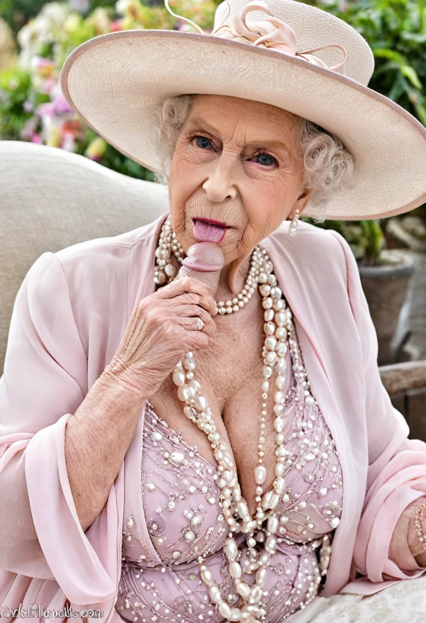 ((head grab)), (((look at viewer))), (penis cum:1.5), (sucking penis deepthroat:1.6), queen elizabeth 90yo, cleavage, (gigantic saggy breast:1.3), (in elegant color-coordinated chiffon summer outfits:1.3), (hat and pearls)