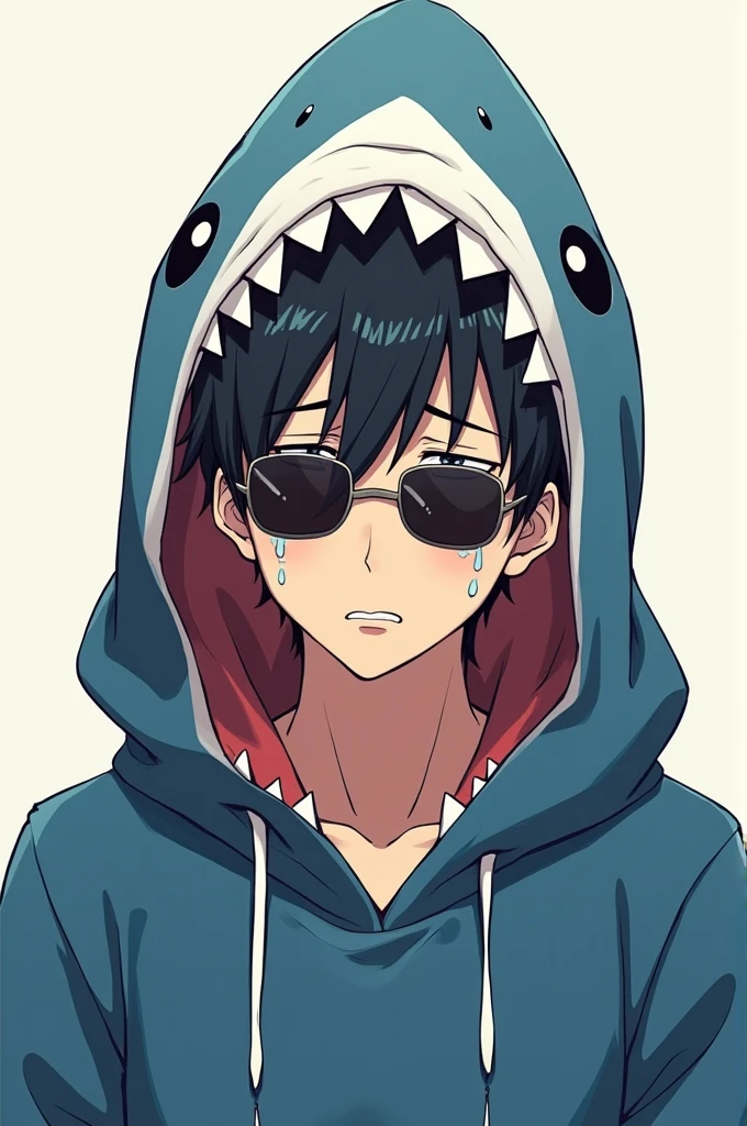 Make a crying male anime wearing sunglasses and wearing a shark costume