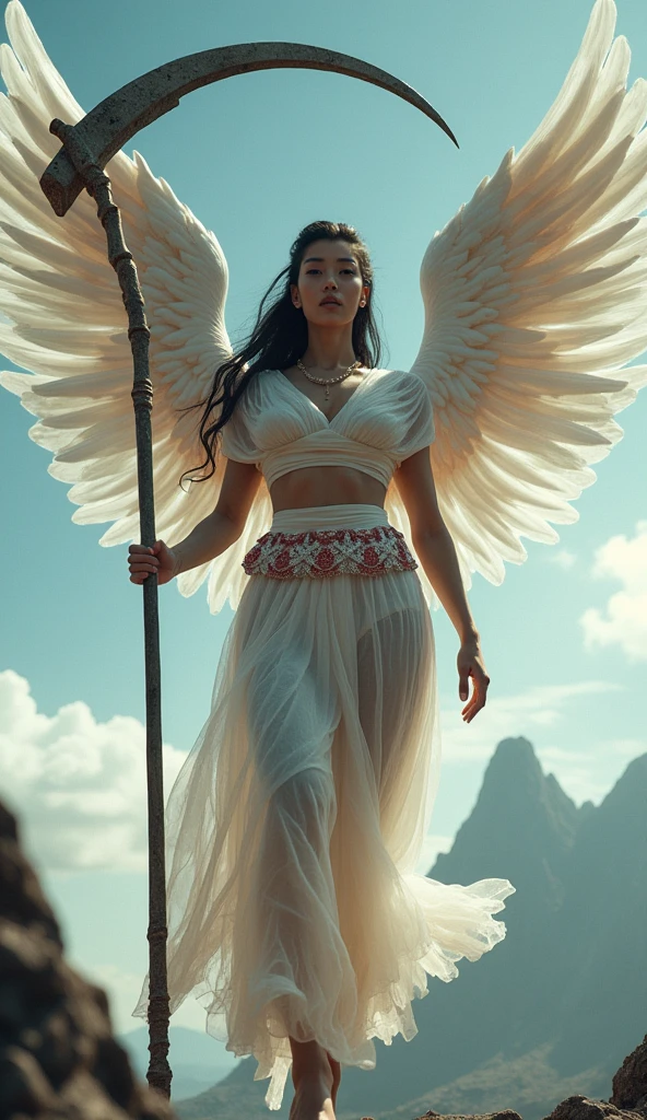 Naked, nude, topless, A woman wearing a ransparent shawl made of used plastic, large and sexy breasts, super sexy, beautiful, with wings like Indonesian garuda, holding a spear, wearing a very long white skirt with pattern red and white colour with red and white motifs, above the sky, flying on top of mountains, hovering, with a shooting angle from the front, ((masterpiece, highest quality, Highest image quality, High resolution, photorealistic, Raw photo, 8K)), ((Extremely detailed CG unified 8k wallpaper)), (huge stunning goddess shot, very hot and sexy, jaw-dropping beauty, perfect proportions, beautiful body, slim body beauty:1.4), A girl wielding a huge scythe, movie poster, (a huge scythe:1.5),