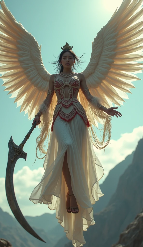  
Naked, nude, topless, A woman wearing a ransparent shawl made of used plastic, large and sexy breasts, super sexy, beautiful, with wings like Indonesian garuda, holding a spear, wearing a very long white skirt with pattern red and white colour with red and white motifs, above the sky, flying on top of mountains, hovering, with a shooting angle from the front, ((masterpiece, highest quality, Highest image quality, High resolution, photorealistic, Raw photo, 8K)), ((Extremely detailed CG unified 8k wallpaper)), (huge stunning goddess shot, very hot and sexy, jaw-dropping beauty, perfect proportions, beautiful body, slim body beauty:1.4), A girl wielding a huge scythe, movie poster, (a huge scythe:1.5),