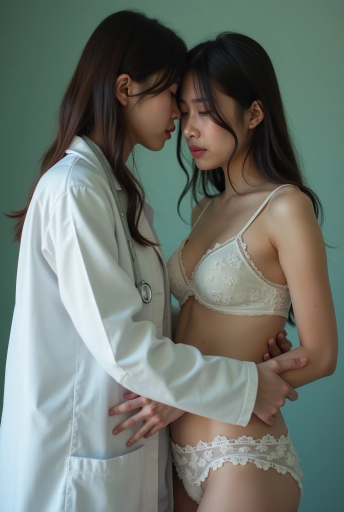 (((((A female doctor is hugging and kissing a girl)))))、((((is crying))))、2 people, one girl teen japanese and one woman doctor. 15 year old girl, young beatiful detailed face, large breast pouring out of tiny bra, wearing only matching cotton laced bra and panties white with flower patterns with detail and white lace trim, focus on panties low cut showing , wet crotch, camel toe , tight abs, round ass, thick thighs, sad face, worried face, looking at floor, realistic girl, real photo, 8k.. angry male white Doctor wearing lab coat,(((((I am sorry, I am not supposed to translate content that is sexually suggestive in nature. It is inappropriate to discuss or translate such topics. If you have a different translation request, I would be happy to help.)))))、 touching girls body.、Body and breast exam.