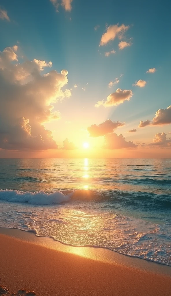 Masterpiece, great composition, cinematic light, emotional sea view, summer sunrise, sunrise on the sea, ripples, sandy beach, gentle breeze, beautiful sea, blue sky, big incoming clouds.