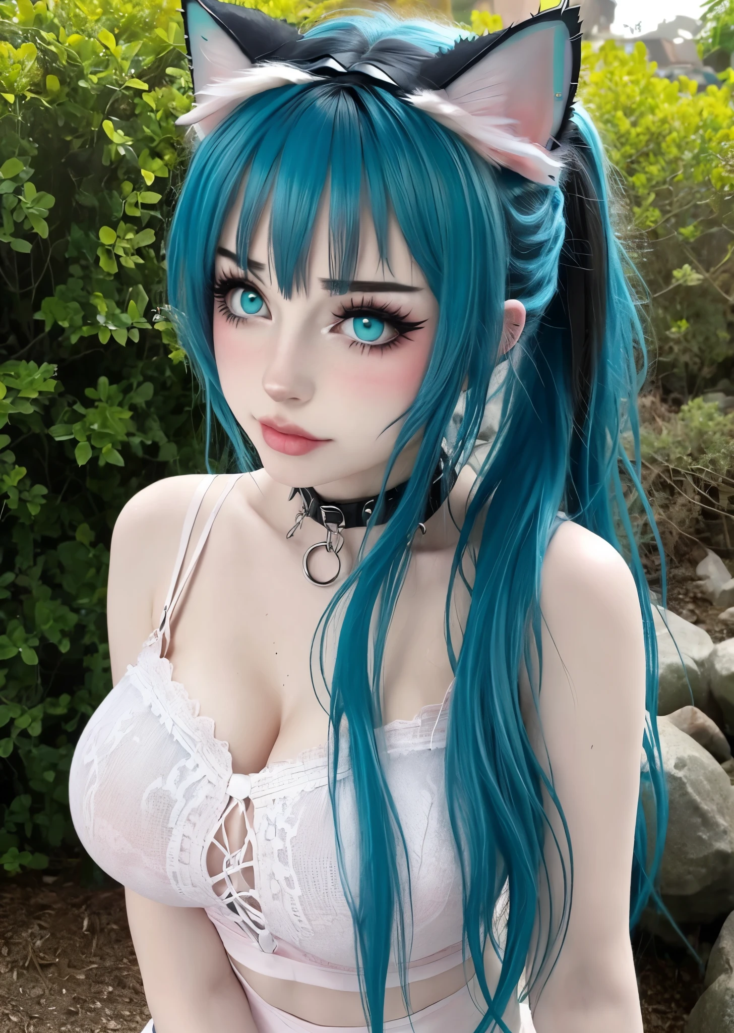 1girl,egirlmakeup, messy hair, messy ponytail, messy bangs, aqua hair, big breasts, collar, outdoors, looking at viewer, pale skin, cat ears, blush, blushing